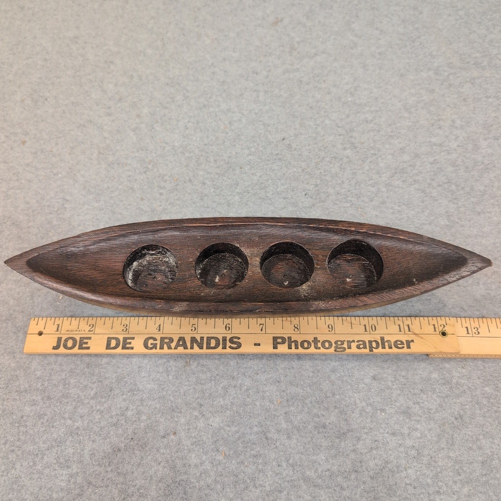 Hand Carved Wood Canoe Tea Light Candle Holder 4 Slot Boat Made in Thailand Dark - Picture 8 of 10